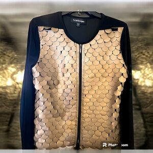 T&W Designs Gold Metallic Disc‎ Front Zip Jacket Black Sleeves Women’s top small